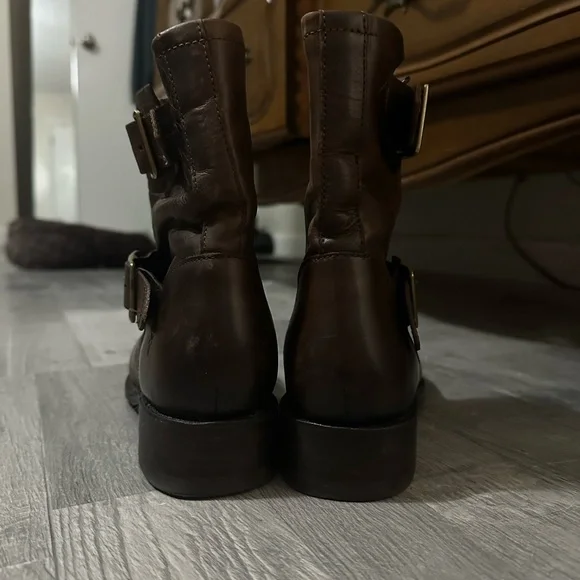 Frye Vicky Engineer Moto Brown Real Leather Belted Mid Calf Ankle Boot - Picture 8 of 13